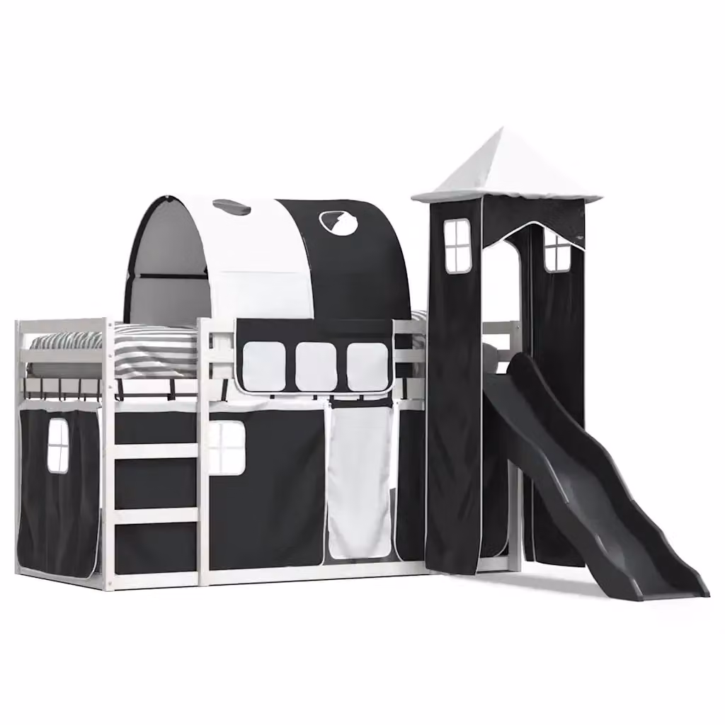 Letto a Castello per Bambini vidaXL in Legno di Pino con Scivolo e Tende Bianco, Nero e Antracite L/P/H: 205.5 x 90 x 113 cm – 2