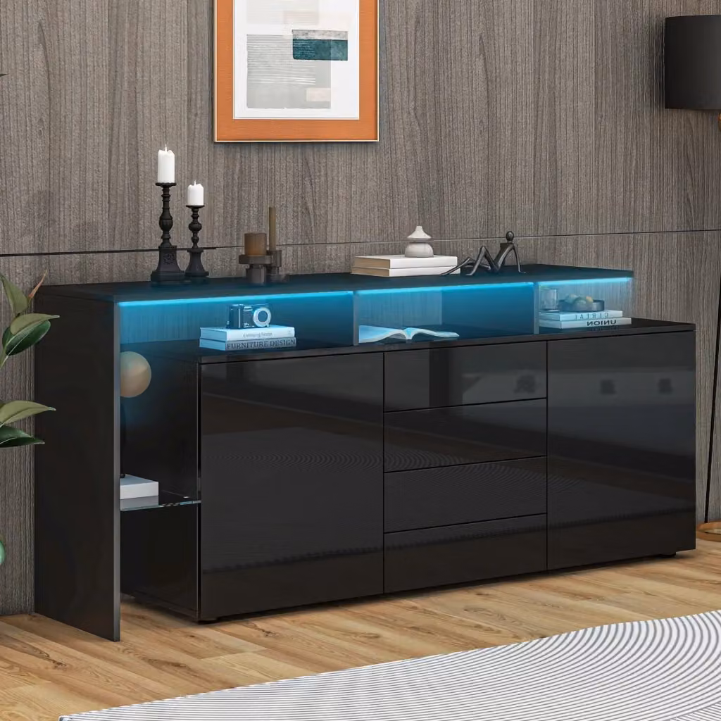 Madia Chicfurn moderna con 2 ante, 4 cassetti, 2 vani aperti e illuminazione LED, finitura nera lucida, L: 160 cm, P: 35 cm, H: 70 cm – 2