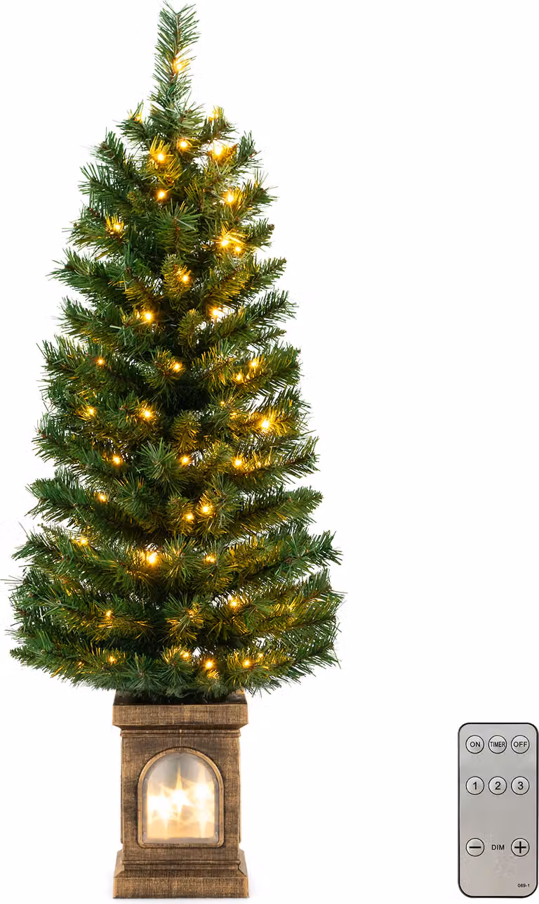 COSTWAY Albero di Natale artificiale da 120 cm in vaso, 3 modalità di illuminazione, albero di Natale illuminato con luci LED bianco caldo e timer e 160 punte di rami in PVC