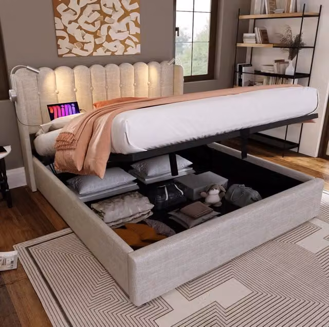 Letto matrimoniale contenitore ULEVR 160x200 cm con luci da lettura flessibili e 2 porte USB, lino naturale