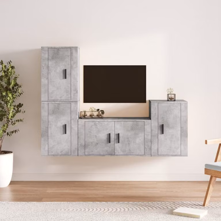 Set di mobili porta TV da soggiorno vidaXL in 4 pezzi, stile classico, colore grigio, in legno e MDF, con montaggio a parete