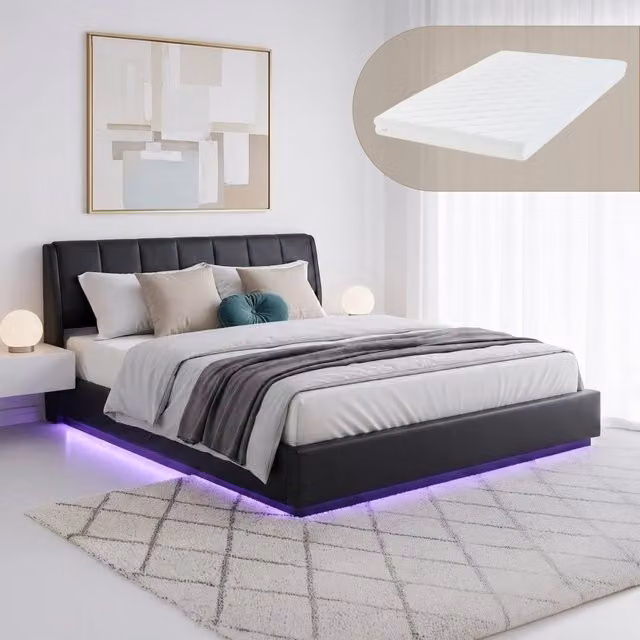 Letto Matrimoniale King Size Contenitore Tröstiar a Luce LED con Materasso 180x200 cm - Similpelle Nero [en.casa]