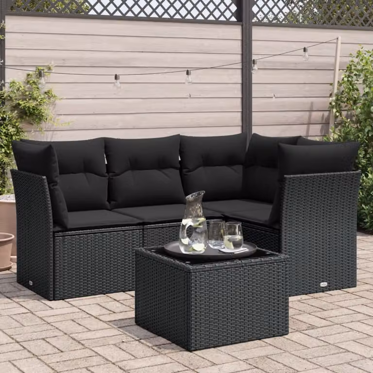 vidaXL Set Divano da Giardino a L 5 Pezzi con Tavolino e Cuscini Neri in Polyrattan e Acciaio