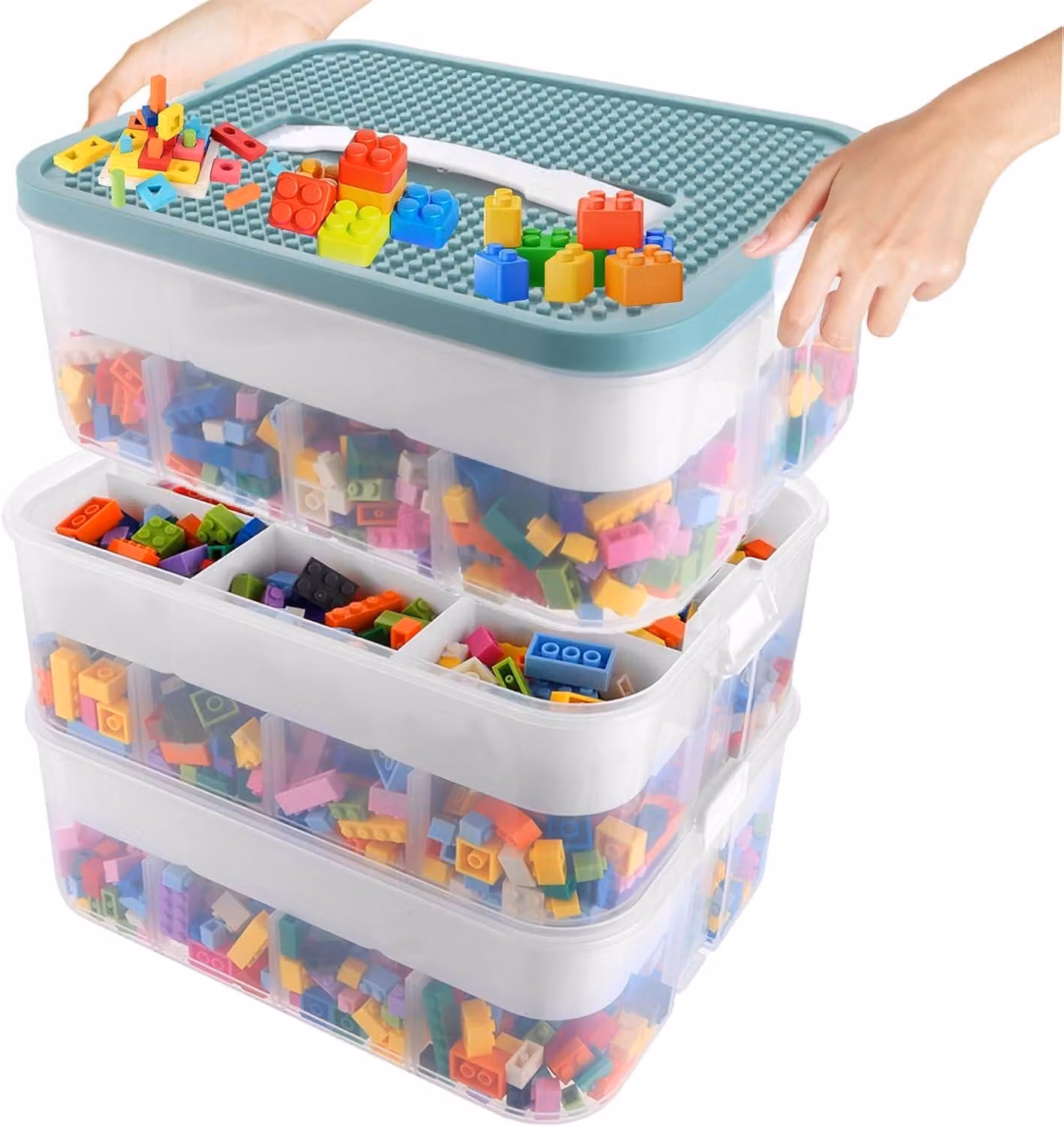 Contenitori trasparenti con coperchio, dimensioni 30,5 x 20 x 32,5 cm, con 3 ripiani, ideali per blocchi da costruzione