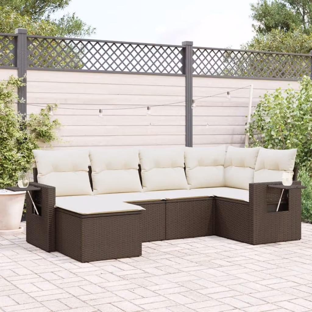 vidaXL Set Divano da Giardino a L 6 pz in Polyrattan Marrone con Cuscini Imbottiti e Tavolino – 1