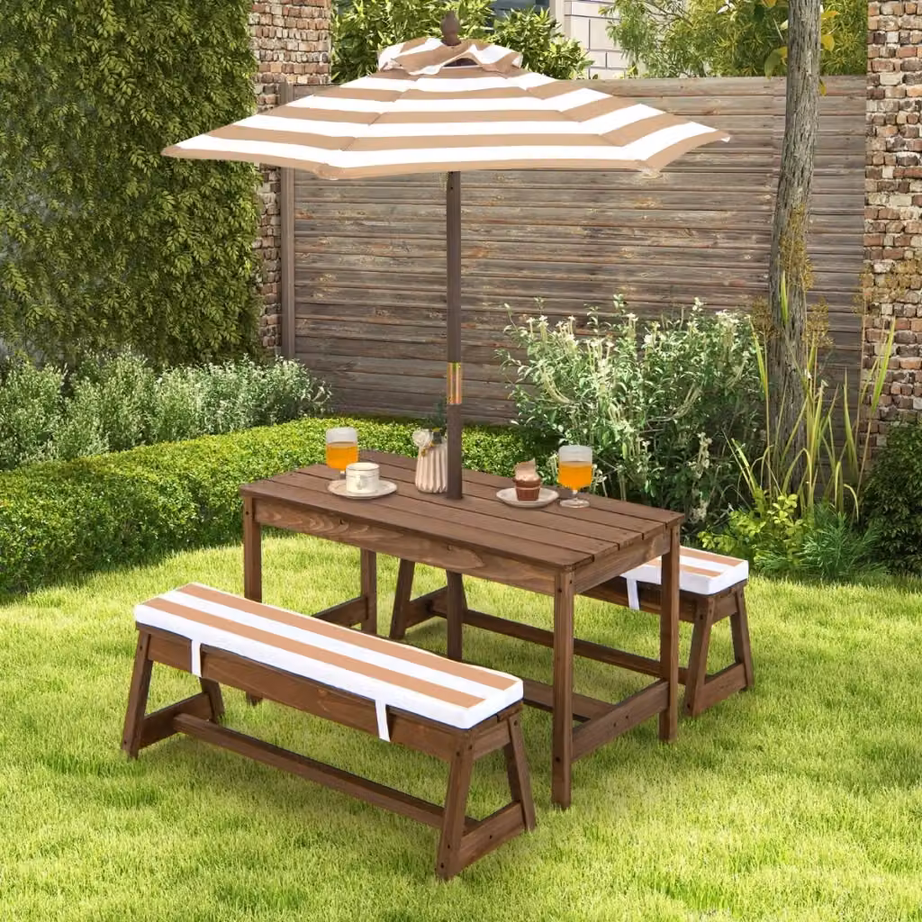 Set di tavolo e panca da picnic per bambini in legno di abete con ombrello e cuscini, colore marrone – 2