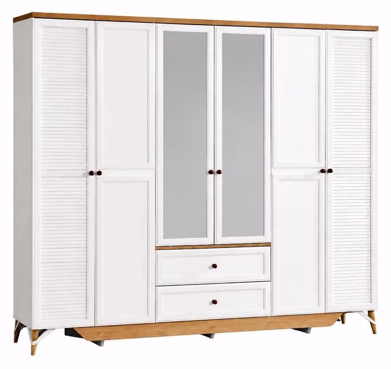 Armadio moderno bianco con ante in vetro e decorazioni in legno