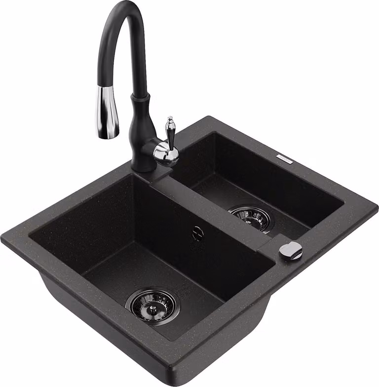 Mexen Carlos lavello in granito 1,5 vasche con miscelatore da cucina Savita, nero/oro metallizzato - 6518-75-672601-70-B