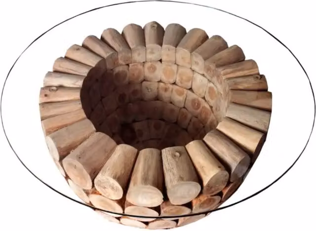 Tavolino basso ARBOREA rotondo 70 cm in legno massiccio e vetro temperato – piede centrale design in tronchetti