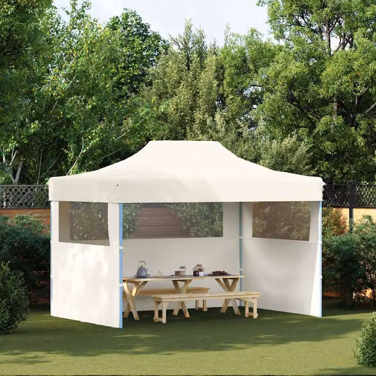 vidaXL Gazebo Professionale Pieghevole con 3 Pareti in Acciaio e PVC Beige e Bianco L: 410 cm, P: 315 cm, H: 280 cm