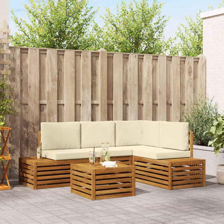 Set di divani da esterno vidaXL a forma di L con tavolo da caffè, composto da 5 pezzi in legno di acacia con cuscini inclusi, colore beige e marrone
