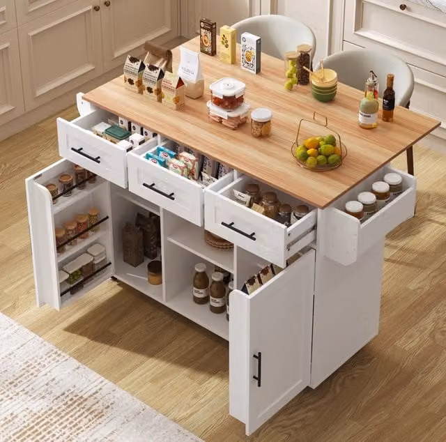 Carrello cucina con piano pieghevole e 3 cassetti; MDF bianco; 139x46(71)x91;5 cm