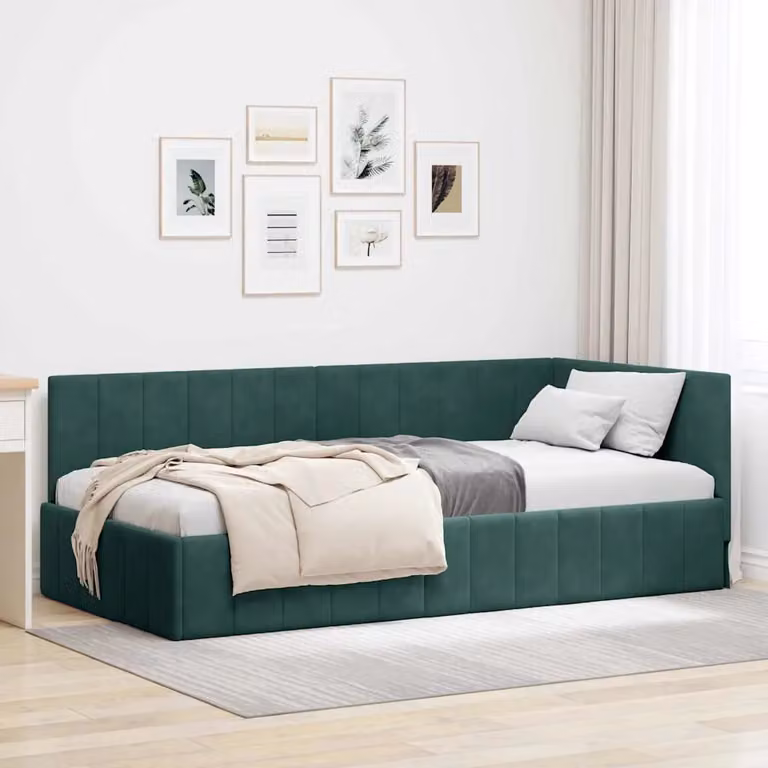 Cornice del letto ad angolo vidaXL in velluto verde, modello asymmetric chaise longue, L 204 cm x P 140 cm x H 94 cm