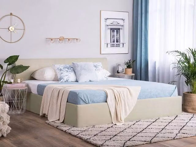 Letto matrimoniale Beliani beige con contenitore a sollevamento e testiera imbottita L/P/H: 180 x 200 x 126 cm