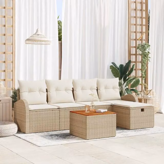 Set Divano da Giardino a L con 6 Pezzi vidaXL Beige con Cuscini e Tavolino da Caffè