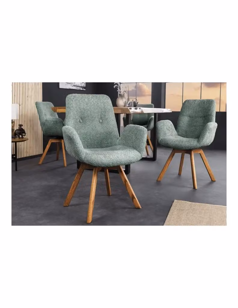 Set di 2 sedie design SORRANO MEUBLORAMA girevoli a 360 in tessuto bouclé verde con gambe in rovere chiaro – 2