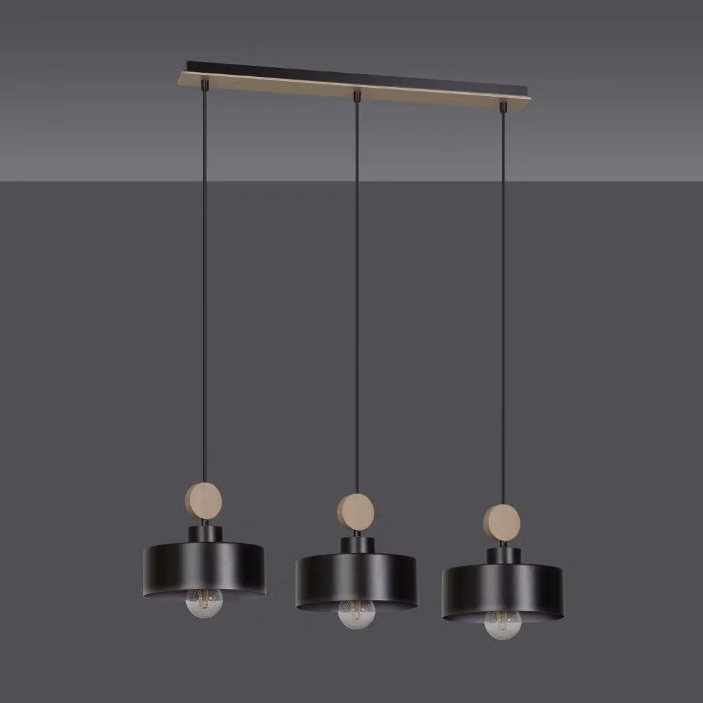 Lampadario a soffitto Nered Luceart-Classic con 3 luci in acciaio nero e paralumi in legno naturale in stile scandinavo – 2