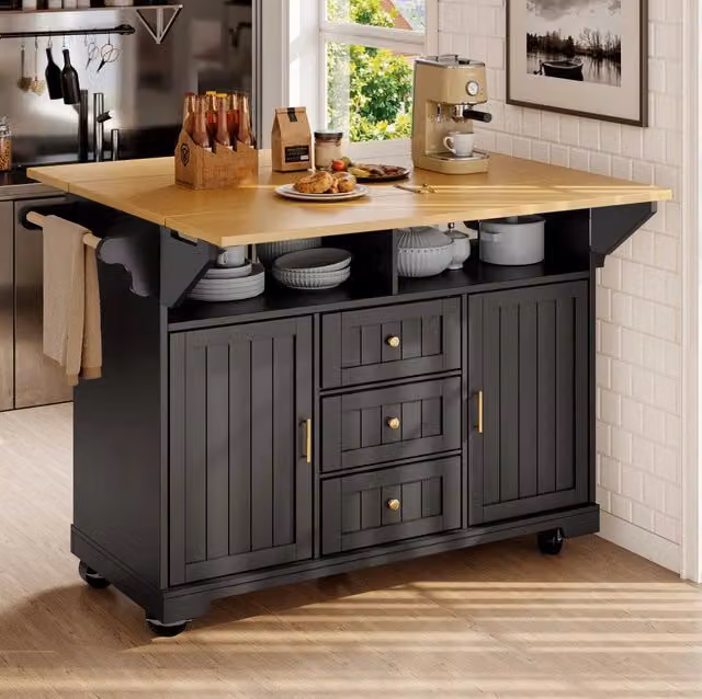 Isola da cucina pieghevole 120x40/80x95 cm con 3 cassetti; 2 ante e ruote; nera