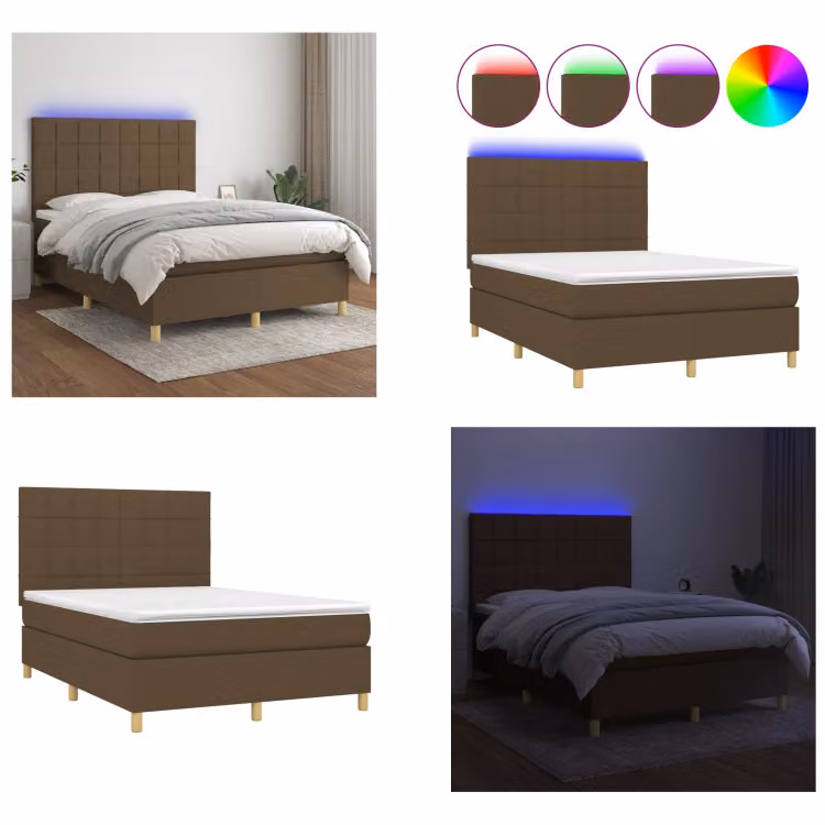 vidaXL Letto a molle con materasso e LED in tessuto marrone scuro 140x200 cm - Letto a molle - Boxspringbetten - Bett - Schlafzimmermöbel