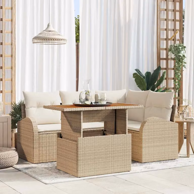 Set Divano da Giardino vidaXL 5 Pezzi in Polyrattan con Cuscini Beige e Bianco