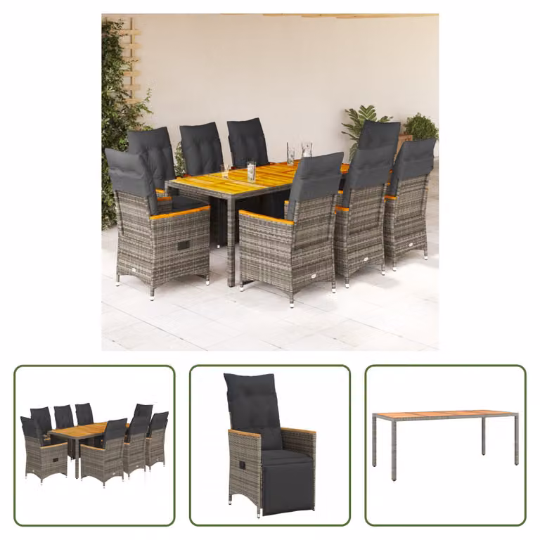 The Living Store Set bistrot da giardino 9 pezzi con cuscini in poly rattan grigio