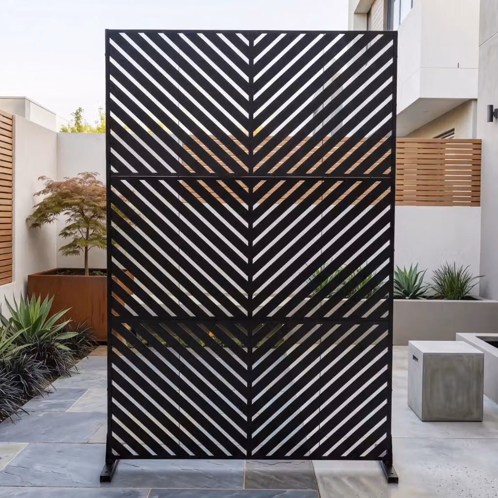 Pannello decorativo esterno DESIGN IN nero in acciaio zincato, frangivista divisorio per giardino e balcone, L 121 cm x P 40 cm x H 183 cm – 2