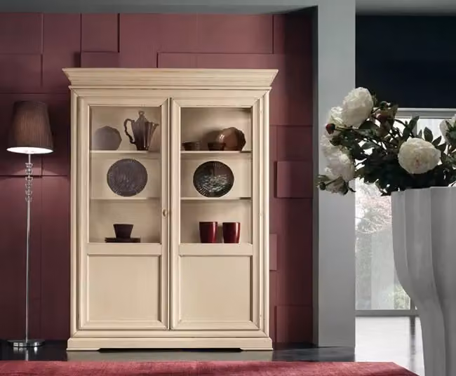 Vetrina shabby chic in legno con ante in vetro Mobili 2G colore avorio L: 145 cm, P: 50 cm, H: 215 cm – 2
