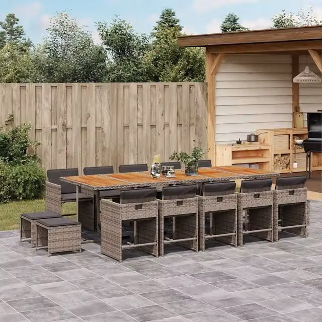 Set da Pranzo da Giardino vidaXL in Polyrattan Grigio e Marrone con Cuscini e Tavolo in Legno di Acacia, 15 Pezzi – 1