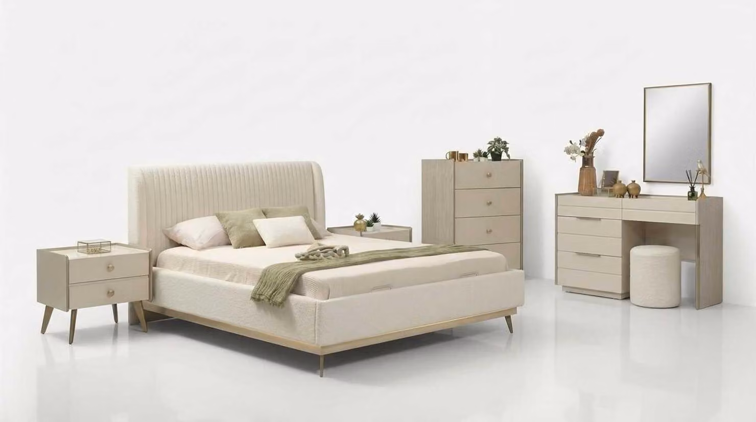 Schlafzimmer Set Beige Modern Luxus Bett Schminktisch Kommoden