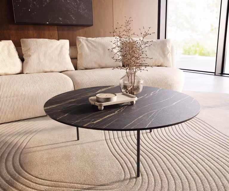 DELIFE Tavolino Edge rotondo 100x100 cm Vetroceramica Laminam® Noir Desir Marrone Trive Metallo Nero