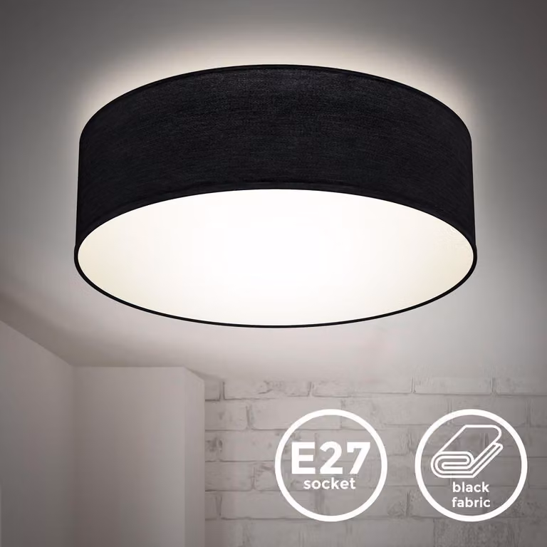 B.K.Licht Plafoniera in tessuto nero, attacco per lampadina E27 non inclusa, Lampada da soffitto diametro 30cm, Lampadario moderno per salotto o camera da letto, IP20