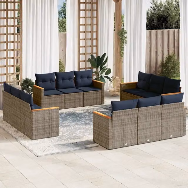 Set di Divani da Giardino vidaXL a Forma a U in Polyrattan con Cuscini Grigio e Blu e Struttura in Acciaio Verniciato a Polvere – 1
