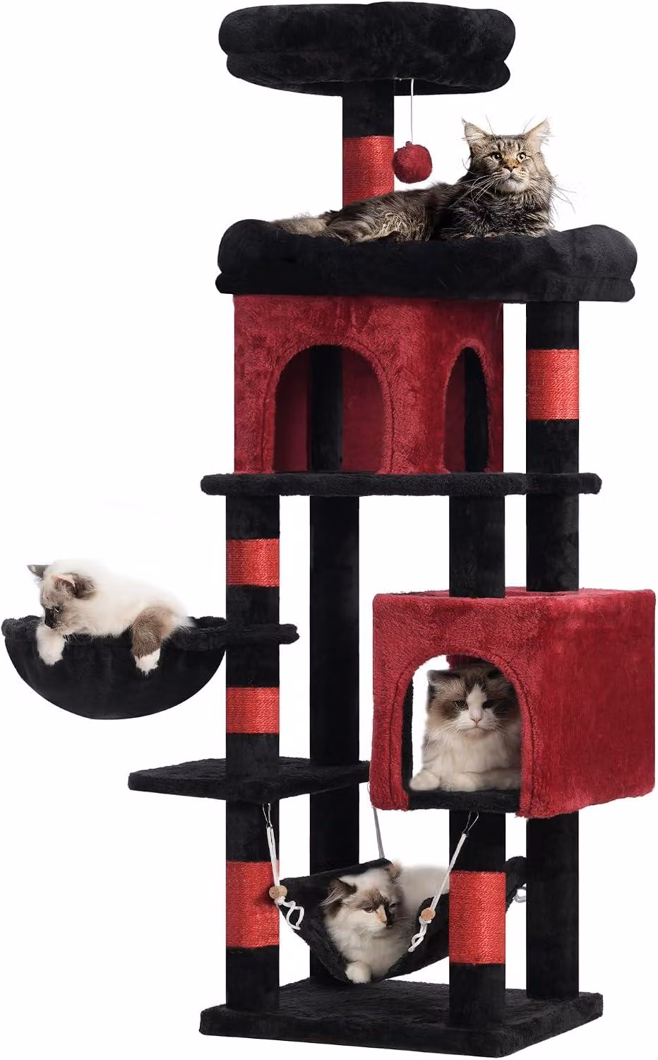 Albero per gatti, grande, con 2 tane, 6 tiragraffi in sisal, amaca, per uso interno, colore nero e rosso