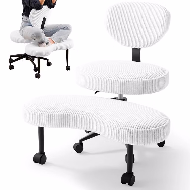 Sedia da ufficio ergonomica: gambe incrociate, schienale reclinabile, regolabile in altezza, imbottita, con rotelle, rivestita in tessuto cord bianco