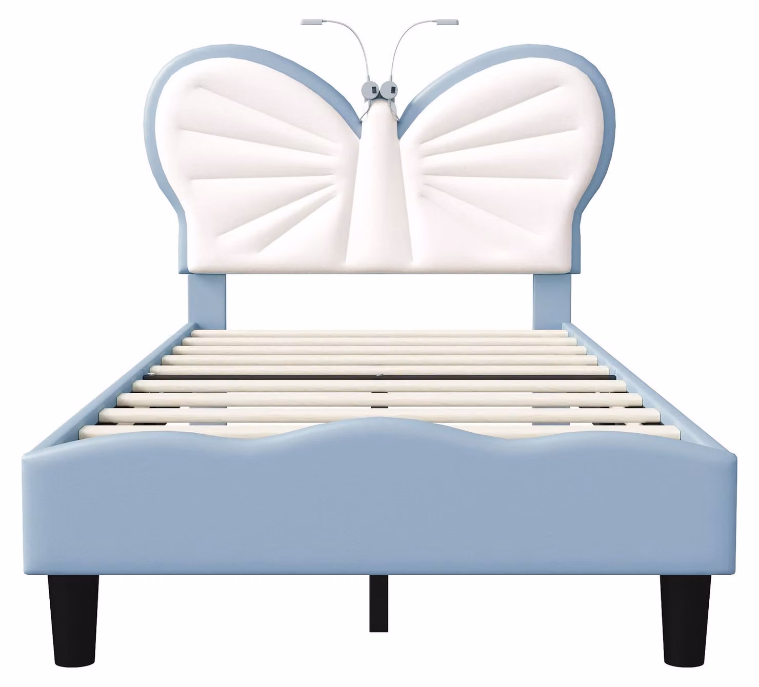 Letto Moonbite a forma di farfalla, 90x190 cm, blu, con luci LED per la lettura, testiera in velluto, design misto adatto a bambini di entrambi i sessi
