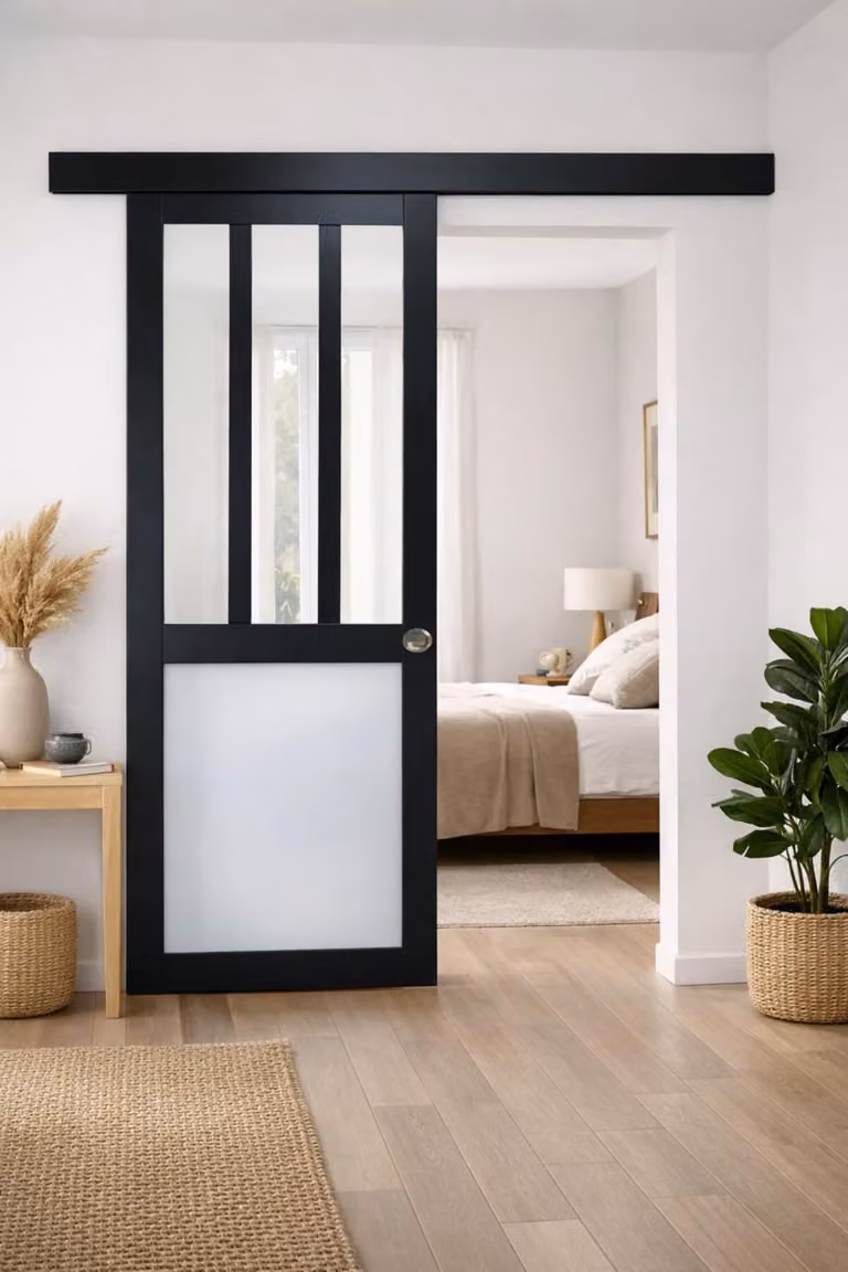 Porta scorrevole da laboratorio nera, con vetro bianco H204 x L73 cm, binario in alluminio con banda nera, conchiglie Gd Menuserie