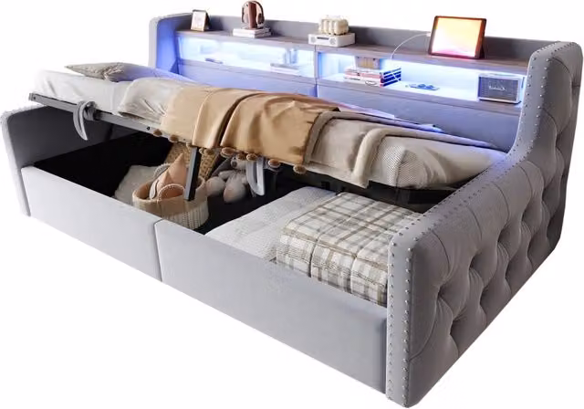 Letto singolo imbottito 90x200 cm con contenitore idraulico; LED e prese; grigio chiaro