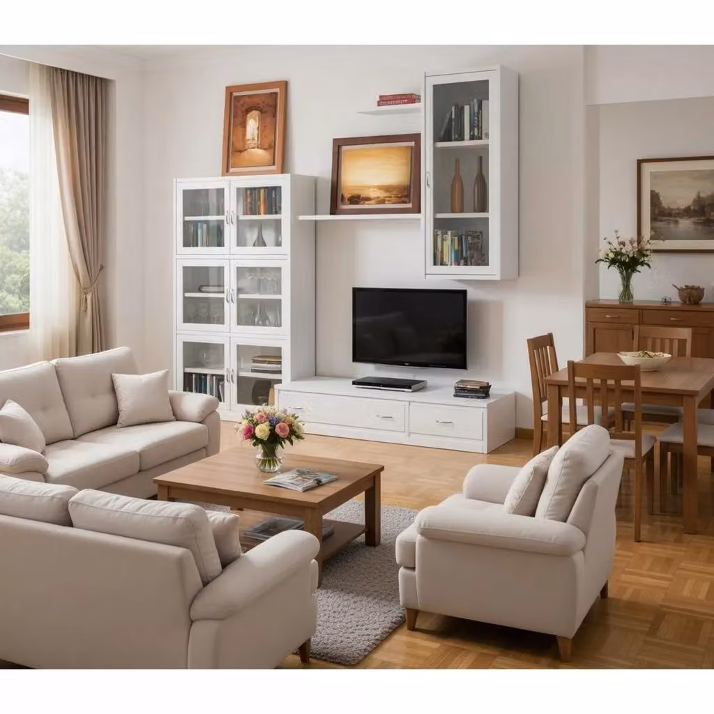 Parete attrezzata classica in legno di pino bianco con ante in vetro e ripiani aperti Mobili 2G L: 265 cm, P: 36/60 cm, H: 230 cm – 2