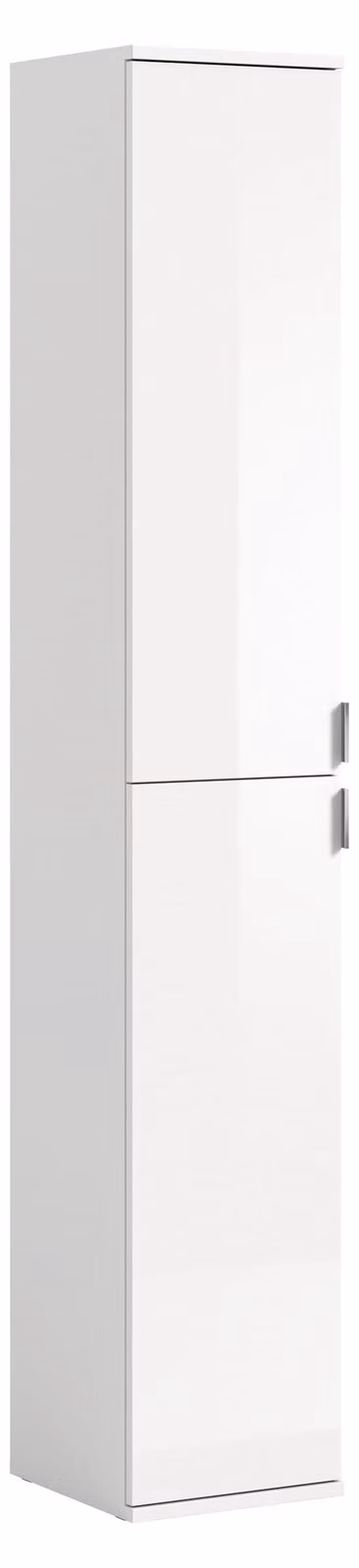 Armadio alto, finitura lucida bianca, dimensioni 30x193x34 cm, 2 ante, 4 ripiani
