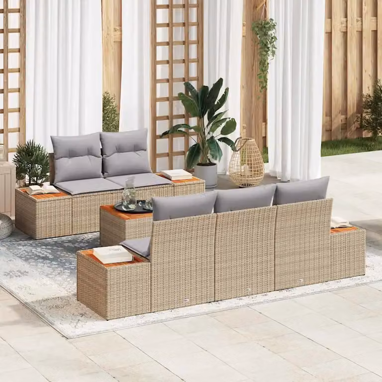 Set Divano da Giardino a L vidaXL 6 pz Beige con Cuscini e Tavolino in Rattan e Acciaio