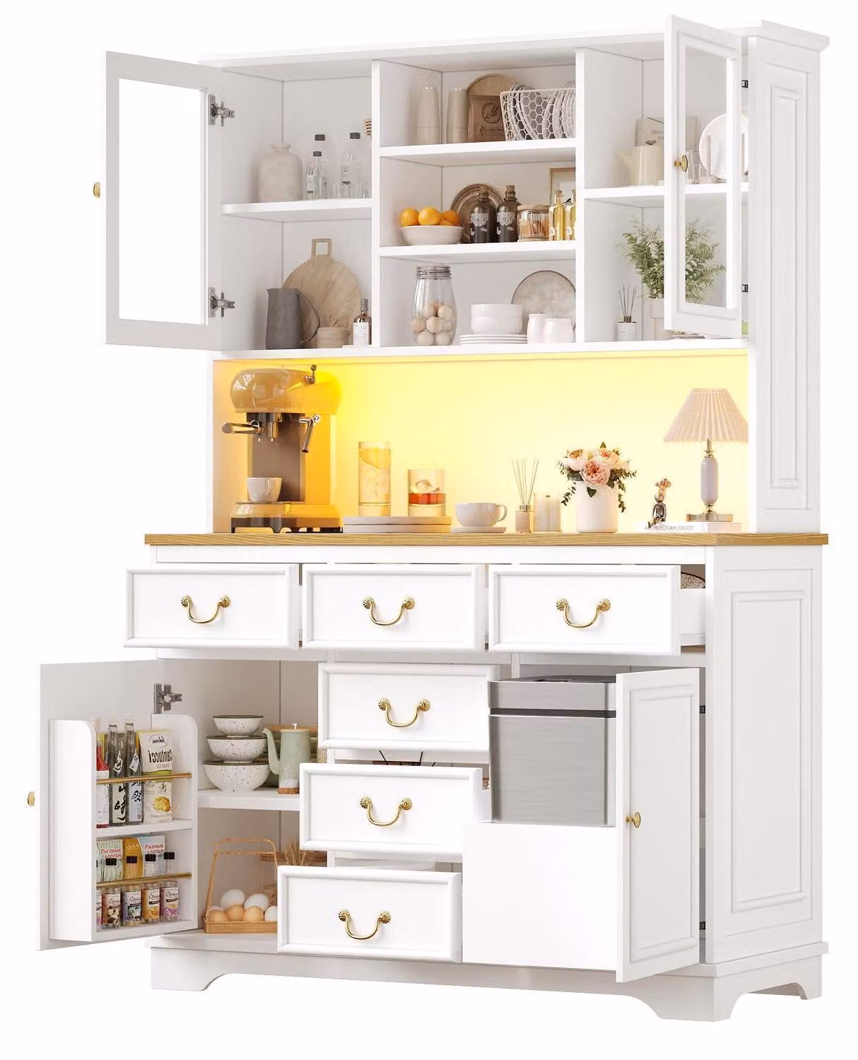Mobiletti da cucina con prese elettriche e barra illuminante a LED, dimensioni 118x39,5x180 cm, colore bianco