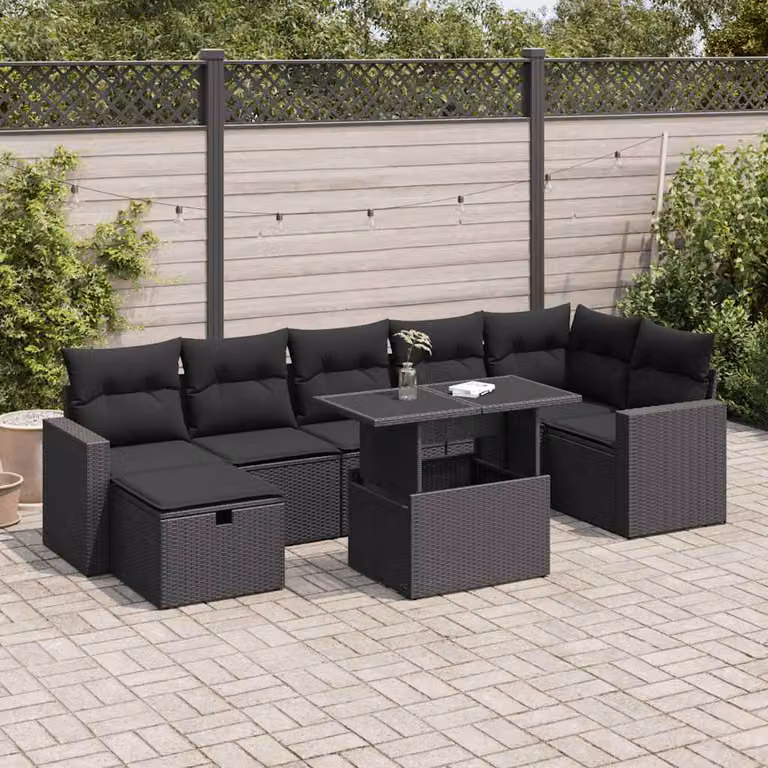 Set di divani da giardino vidaXL in polyrattan nero con 8 cuscini