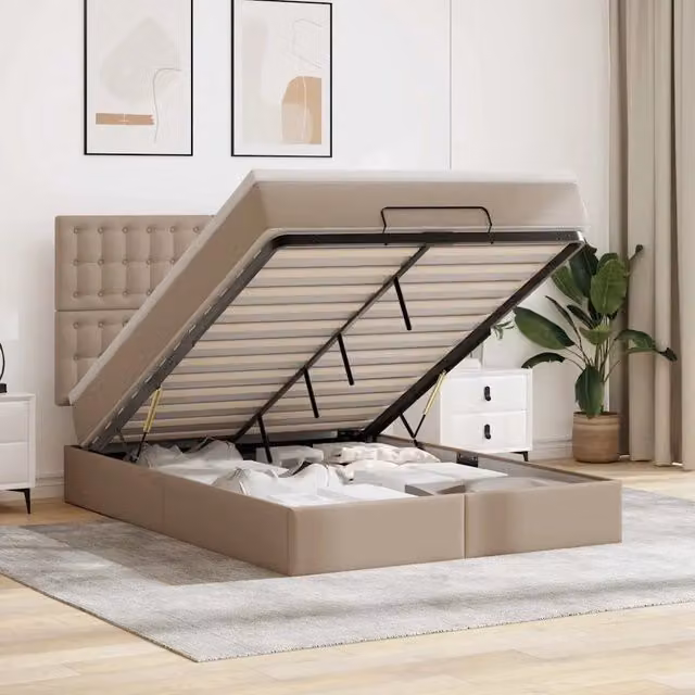 Letto con contenitore a sollevamento e materasso vidaXL in similpelle beige e bianco, L/P/H: 193 x 144 x 128 cm – 1