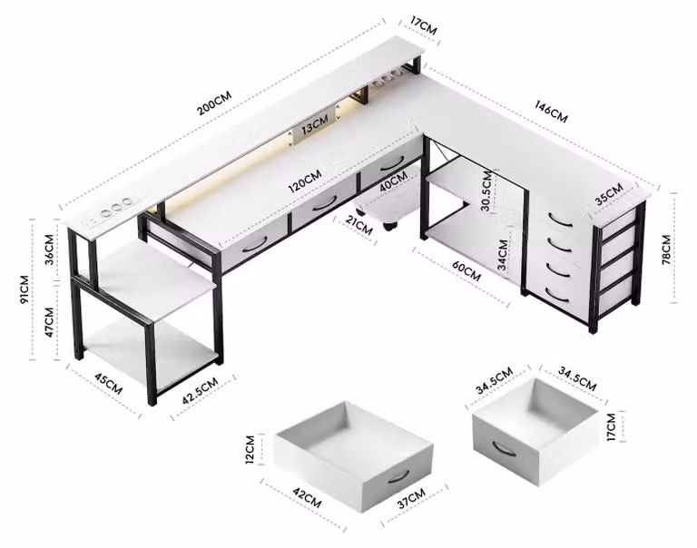 Scrivania - Scrivania per computer - A forma di L - Legno - Struttura in metallo - 7 cassetti - Spazio di stoccaggio - Bianco