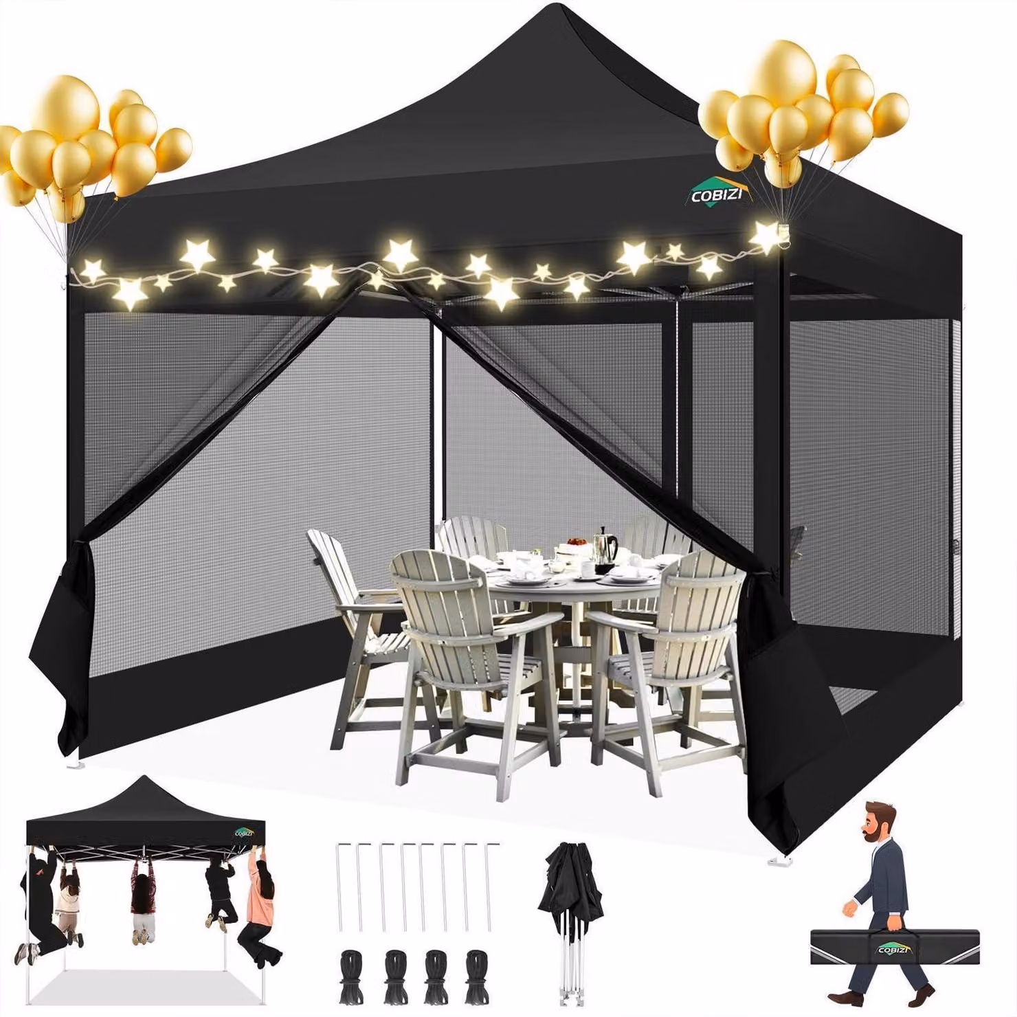 Gazebo da esterno 3x3 metri, impermeabile, con protezione UV, dotato di 4 pareti laterali in rete, colore nero, con altezza regolabile