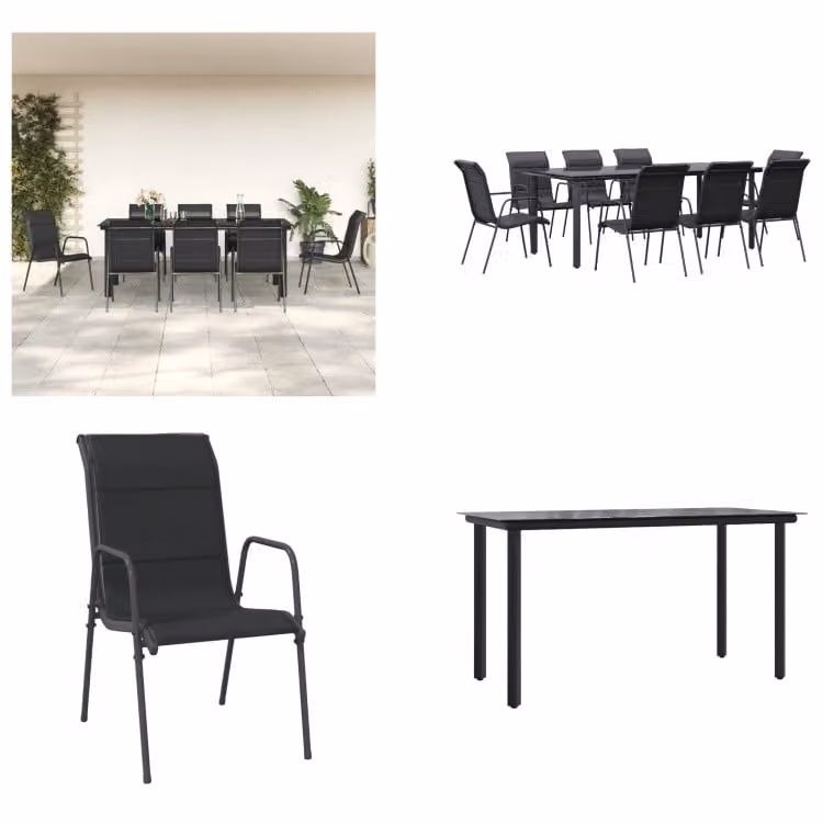 vidaXL Set da pranzo da giardino 9 pezzi in acciaio nero e textilene - set da pranzo da giardino - set di sedute da giardino - set di sedute da esterno - tavolo da giardino