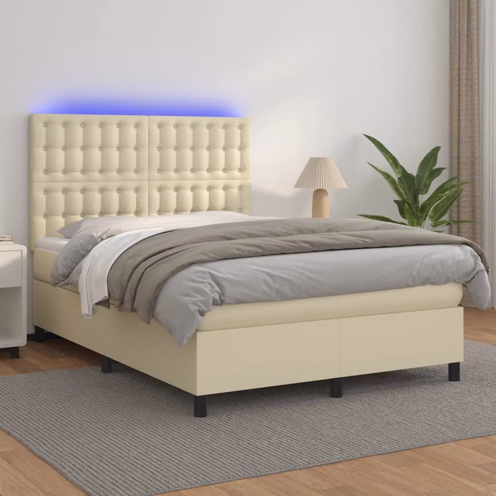 Maison Exclusive - Letto boxspring con materasso e illuminazione a LED color crema, 140x190 cm, in ecopelle
