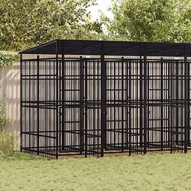 Gabbia per cani da esterno vidaXL in metallo nero con tetto resistente alle intemperie 11,06 m² – 1