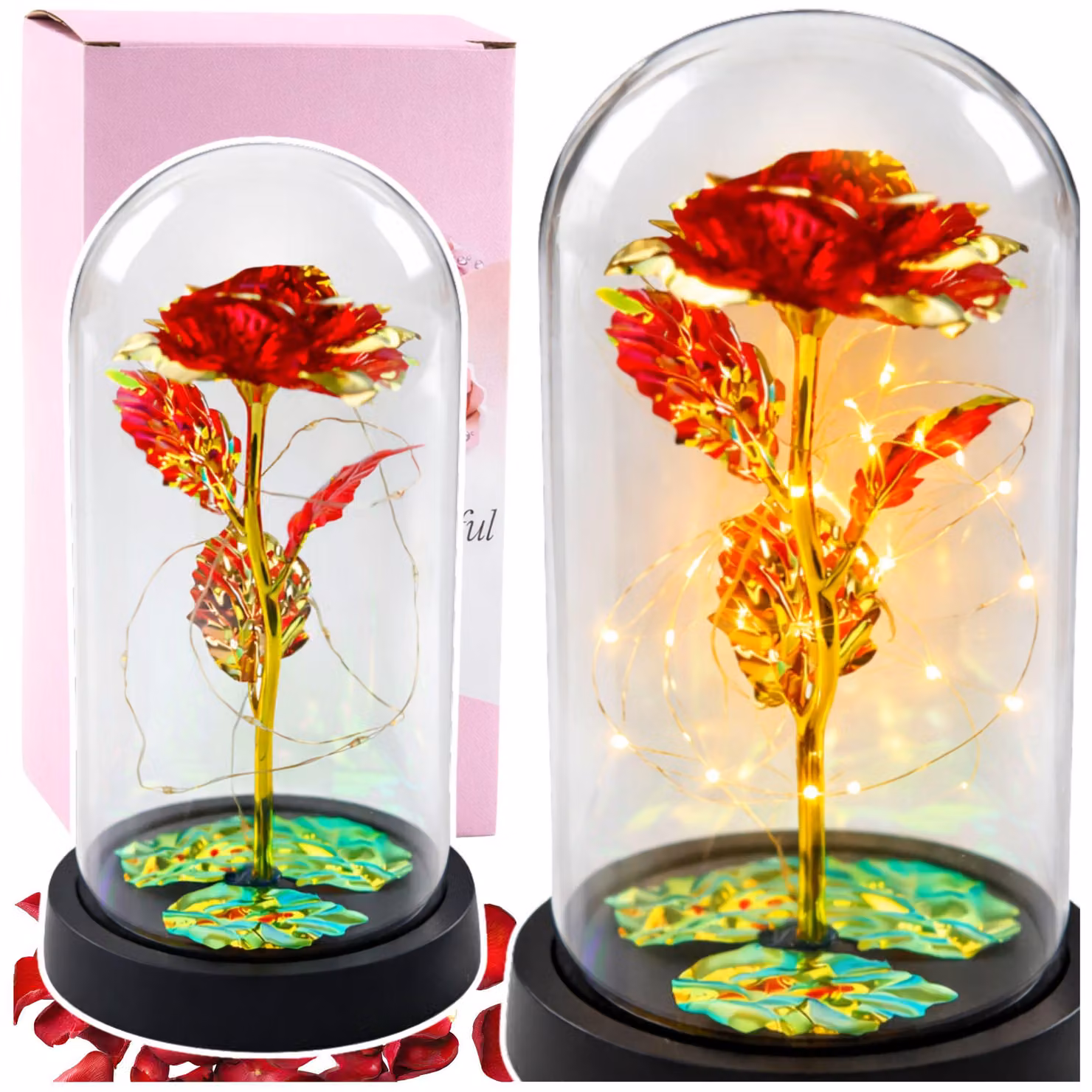 Eterna Rosa Di Cristallo A Cupola Con Illuminazione A Led Rossa 21x11cm