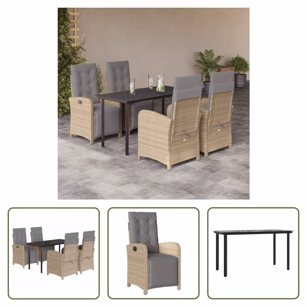 The Living Store Set da pranzo da giardino 5 pezzi con cuscini Beige poly rattan
